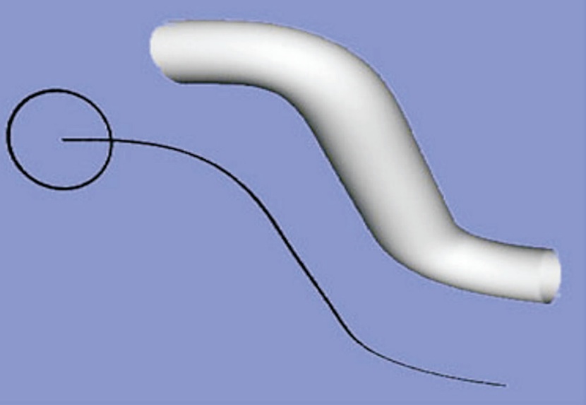 Un circulo 2D corriendo sobre una curva compuesta por líneas y arcos como alambre para crear una superficie