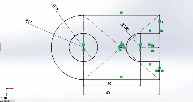 Croquis de un perfil para crear una pieza indicando dimensiones y restricciones geométricas