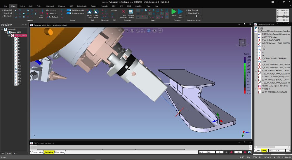 Una pantalla de una aplicación AAT3D CAPPSNC que muestra una sección de prueba de una sección típica de largueros de avión