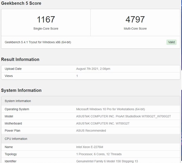 Geekbench en el equipo Asus