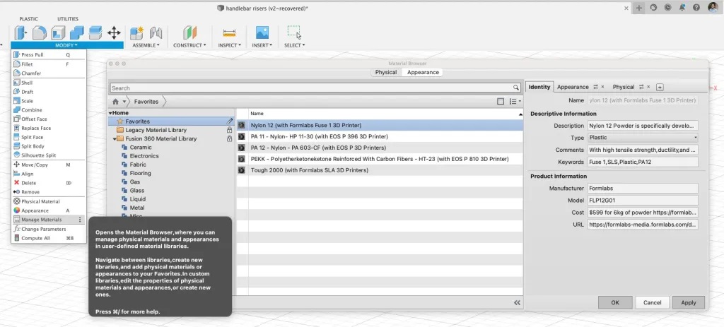 Se añadieron 5 nuevos materiales en la biblioteca para procesos aditivos en Fusion 360