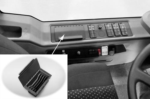 Daimler Buses is successfully applying the 3D printing process in the area of special customer requirements and replacement parts for buses and coaches of the Mercedes-Benz and Setra brands. The small photograph shows the complex 3D printed stowage compartment for banknotes which previously consisted of several components. The large photograph shows the positioning of the banknote compartment in the side panelling located on the left-hand side of the driver's area. © Daimler AG