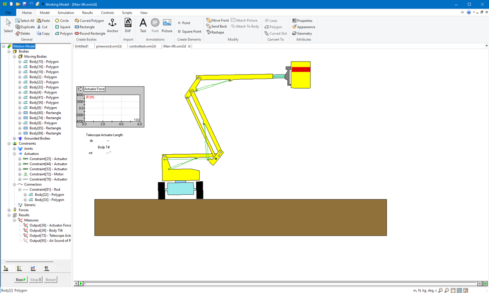 La interfaz rediseñada de Working Model 2D con navegador de modelos, espacio de trabajo con pestañas y simulación en tiempo real