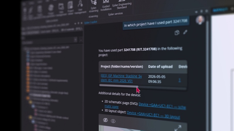 Eplan Copilot Integración directa: el asistente inteligente de ingeniería Eplan Copilot pone a disposición información validada de forma más rápida en la Plataforma Eplan