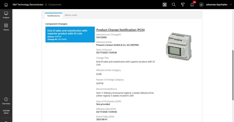 Actualizacion de cambios Eplan Si un fabricante modifica un componente, los usuarios recibirán automáticamente una notificación específica para cada proyecto