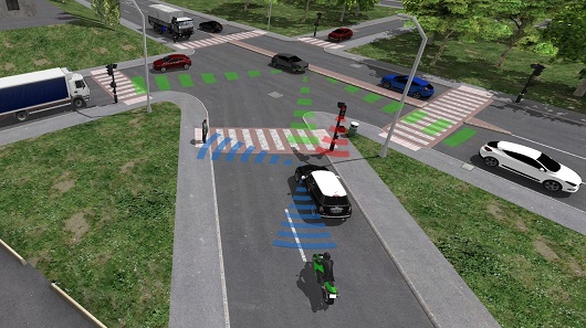 Escena de la vida real en 3D de vehículos circulando por una ciudad: Con ESI Pro-SiVIC™ los ingenieros modelan cómo los sensores perciben las escenas y cómo los productos inteligentes toman decisiones