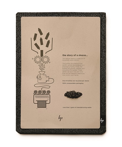 El diseño delgado de la Funda HP Renew está confeccionado para guardar laptops de 13 pulgadas y el embalaje es 100% compostable