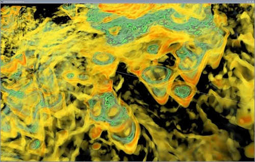 Karsting en una reserva de gas de lutita visualizada con la representación basada en la GPU en Paradigm VoxelGeo Karsting en una reserva de gas de lutita visualizada con la representación basada en la GPU en Paradigm VoxelGeo