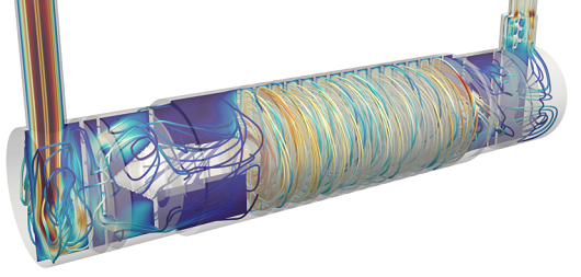 Simulación de flujo de aire en una cámara de esterilización UV de un ventilador iPAP para pacientes con COVID-19. Imagen cortesía de OnScale