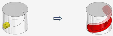 El solido amarillo se desliza a lo largo de la curva y un volumen es creado y sustraído del solido objetivo