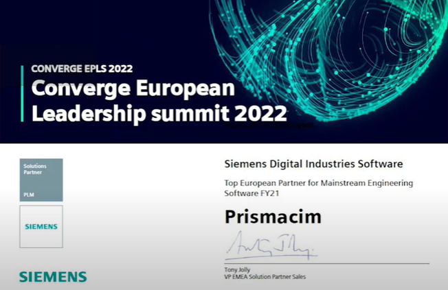 PRISMACIM nombrado Top Partner EUROPEO de Mainstream Engineering en el evento de Siemens Converge EPLS 2022