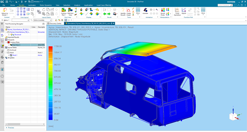 Los ingenieros de diseño utilizan las funciones de análisis de elementos finitos de Solid Edge para verificar la integridad estructural de sus diseños en las verificaciones y subcontratan los análisis de tensión a un departamento interno especializado que utiliza Simcenter 3D. (Crédito de la imagen: Hymer)