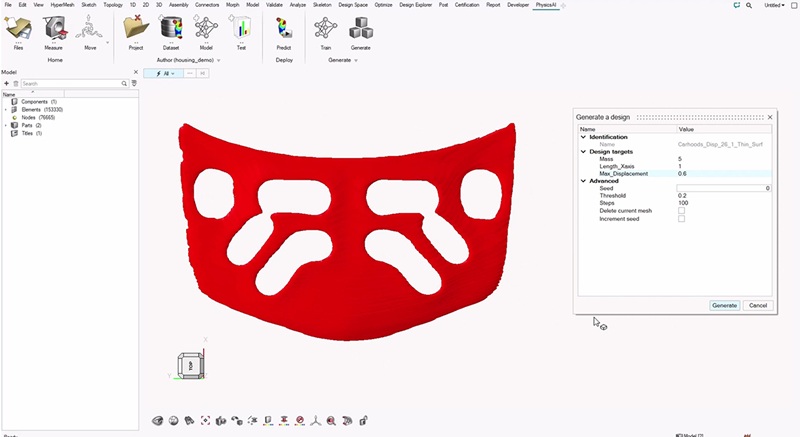Simcenter PhysicsAI puede generar nuevos conceptos de diseño conscientes de la física basados en dimensiones objetivo, KPIs de rendimiento y datos históricos de entrenamiento en segundos, eliminando barreras para la exploración espacial de diseño amplia