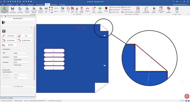 SigmaTEK chapa metalica relieve en esquinas El relieve en las esquinas y los cortes manuales del scrap mejoran la liberación de las piezas y reducen el tamaño de los desechos