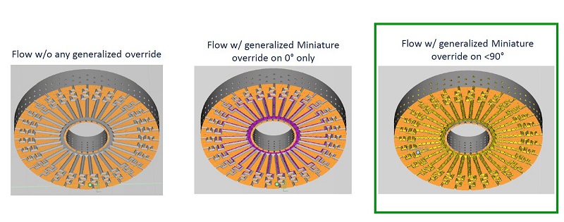 Imagen 2. Tres condiciones de pruebas de acabado superficial con el software Flow de VELO3D Imagen 2. Tres condiciones de pruebas de acabado superficial con el software Flow de VELO3D