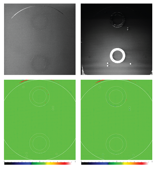 Imagen 3a, b, c, d. (Arriba) Fotografías reales de la construcción capa a capa dentro de un sistema aditivo metálico VELO3D Sapphire: (a. izquierda) cama de polvo tras el recubrimiento y (b. derecha) lecho de polvo tras el láser. (Abajo) Las imágenes del software Height Mapper de capa individual muestran (c. izquierda) la cama de polvo tras el recubrimiento, asegurando una superficie uniforme para el láser, y (d. derecha) el lecho de polvo tras el láser, donde se ve el desempeño de la pieza y un entorno seguro para la siguiente capa. Imagen 3a, b, c, d. (Arriba) Fotografías reales de la construcción capa a capa dentro de un sistema aditivo metálico VELO3D Sapphire: (a. izquierda) cama de polvo tras el recubrimiento y (b. derecha) lecho de polvo tras el láser. (Abajo) Las imágenes del software Height Mapper de capa individual muestran (c. izquierda) la cama de polvo tras el recubrimiento, asegurando una superficie uniforme para el láser, y (d. derecha) el lecho de polvo tras el láser, donde se ve el desempeño de la pieza y un entorno seguro para la siguiente capa.